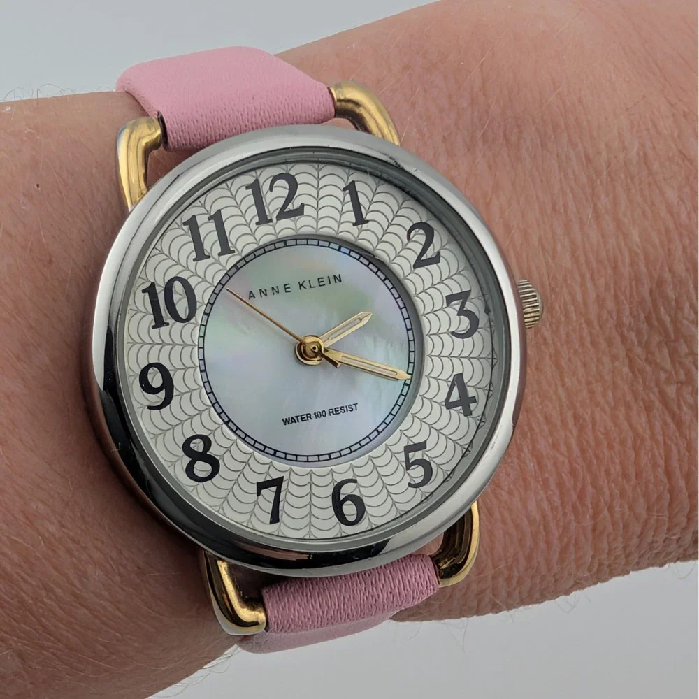 Anne‎ Klein Womens Watch MOP Spider Web Dial Pink Strap Two Tone 100FT WR